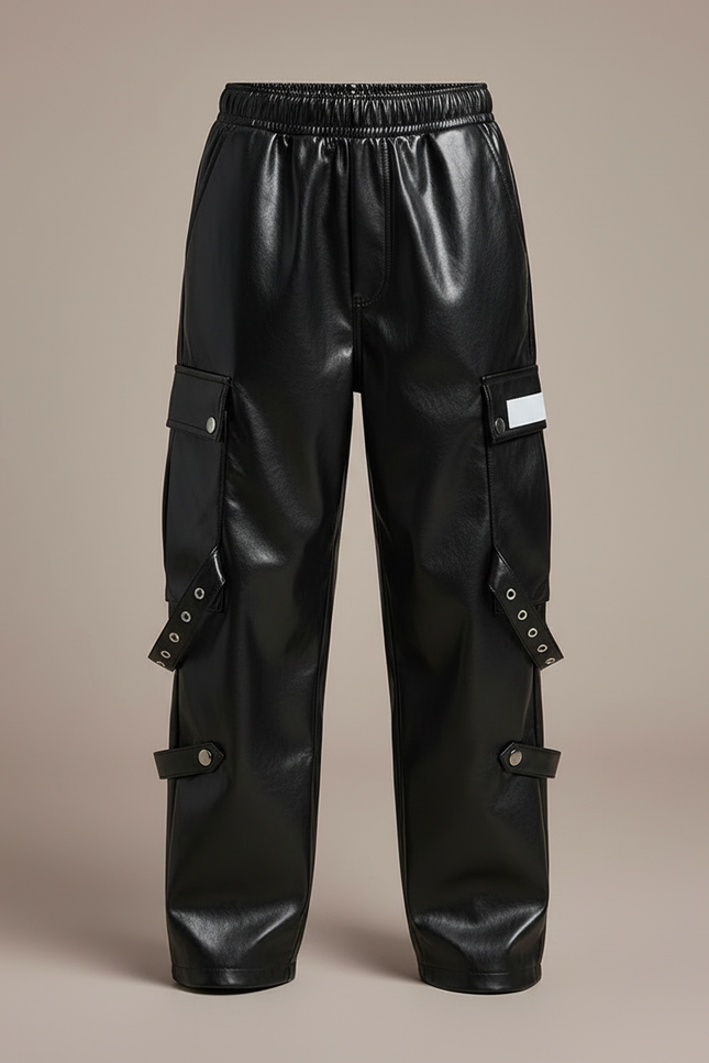Pantalon Cargo Noir Similicuir Ample Rivets Garçon - Simili cuir - vue 3