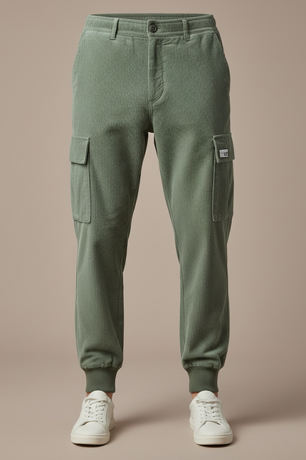 Pantalon Cargo Vert Côtelé Ample Homme Jogger - Kaki Cordé - vue 3