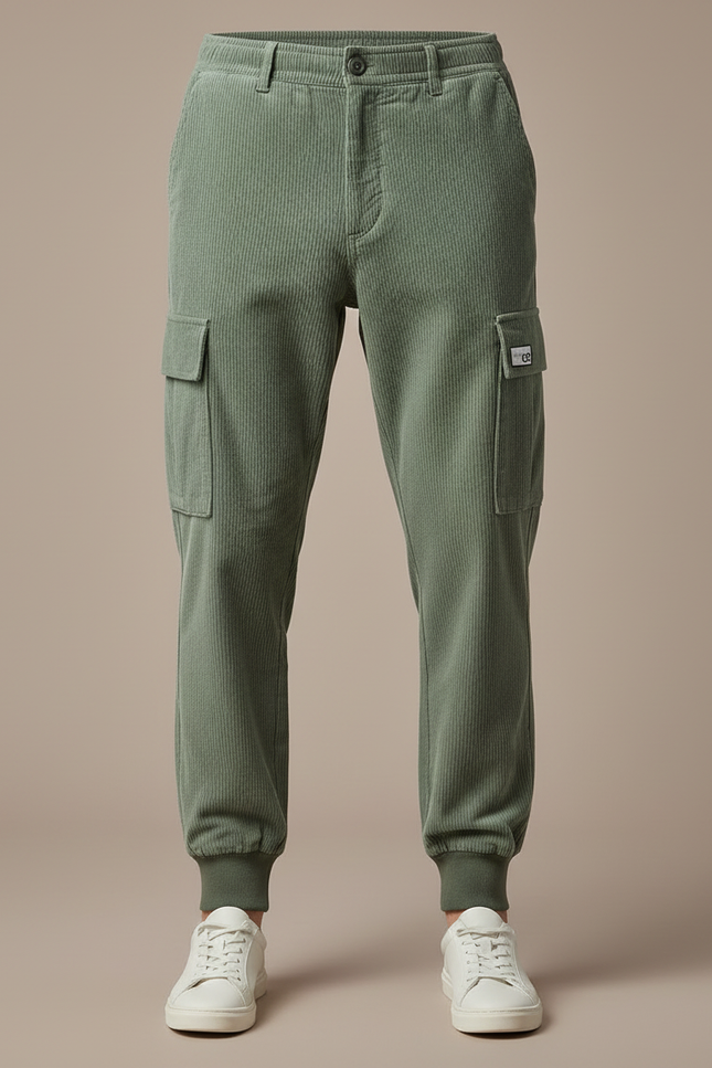 Pantalon Cargo Vert Côtelé Ample Homme Jogger - Kaki Cordé - vue 3