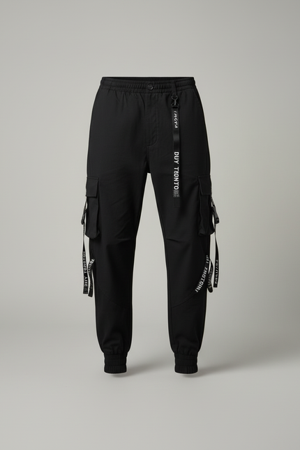 Pantalon Cargo Noir Jogger Techwear Rubans Ample - Polyester - vue 3