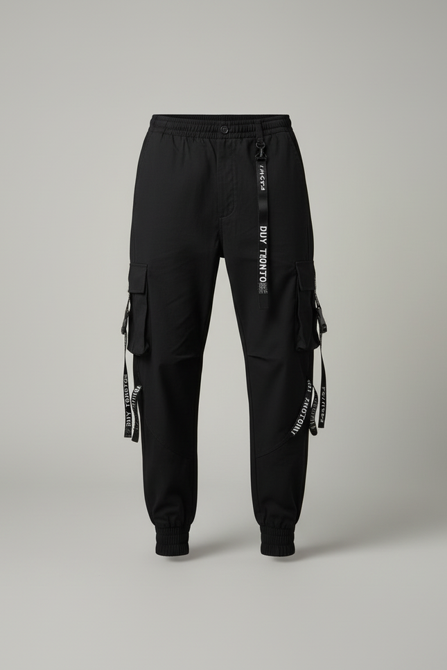 Pantalon Cargo Noir Jogger Techwear Rubans Ample - Polyester - vue 3