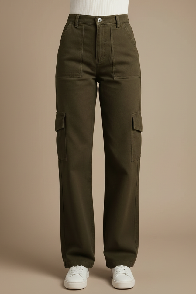 Pantalon Cargo Vert Militaire Ample Taille Haute Femme - Kaki Toile - vue 3