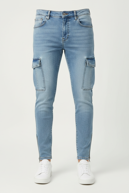 Pantalon Cargo Jean Slim Bleu Clair Multipoches Zippées - vue 3