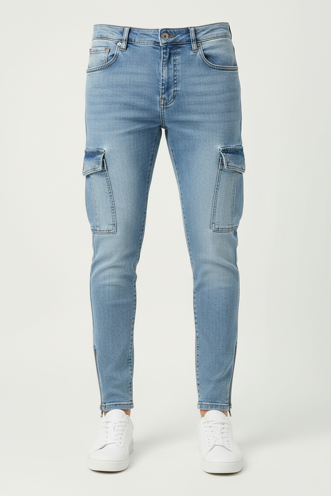 Pantalon Cargo Jean Slim Bleu Clair Multipoches Zippées - vue 3