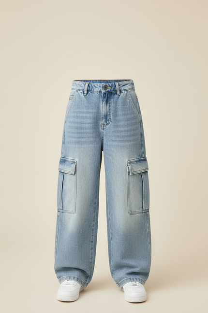 Pantalon Cargo Denim Bleu Ample Garçon Multipoches - Jean - vue 3