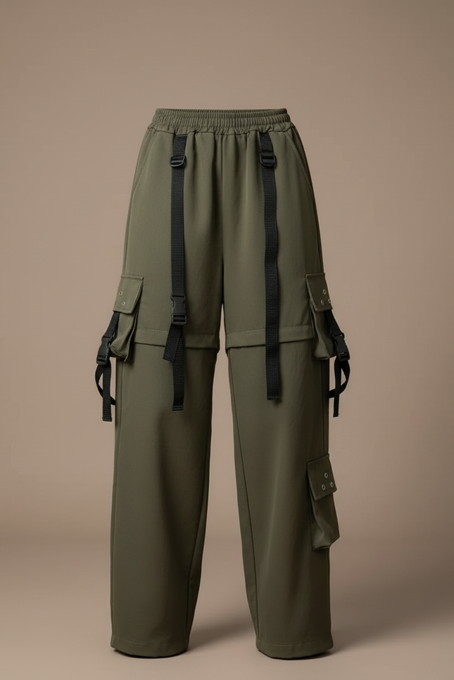 Pantalon Cargo Vert Militaire Ample Sangles Femme - Kaki Polyester - vue 3