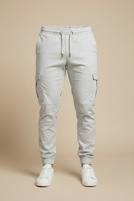 Pantalon Cargo Gris Clair Coton Slim Décontracté - vue 3