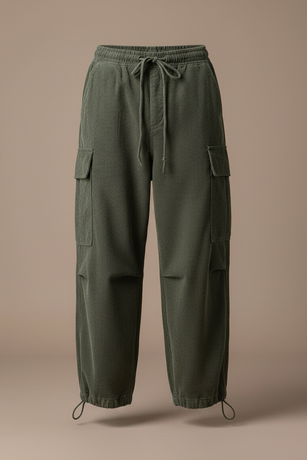 Pantalon Cargo Vert Côtelé Ample Décontracté Cordon - Cordé - vue 3