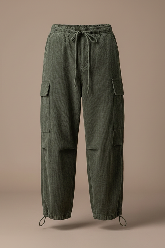 Pantalon Cargo Vert Côtelé Ample Décontracté Cordon - Cordé - vue 3