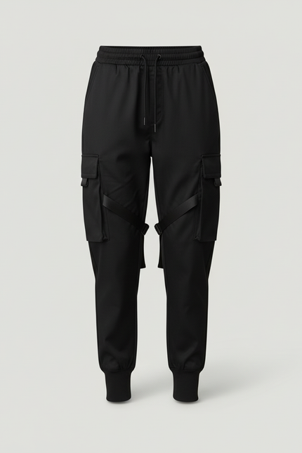 Pantalon Cargo Noir Fluide Multipoches Sangles Femme - Polyester - vue 3