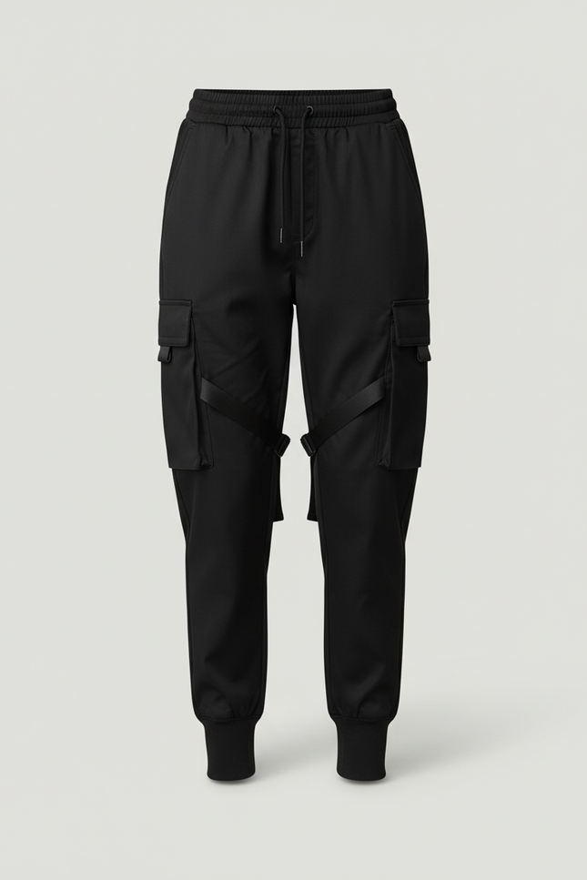 Pantalon Cargo Noir Fluide Multipoches Sangles Femme - Polyester - vue 3