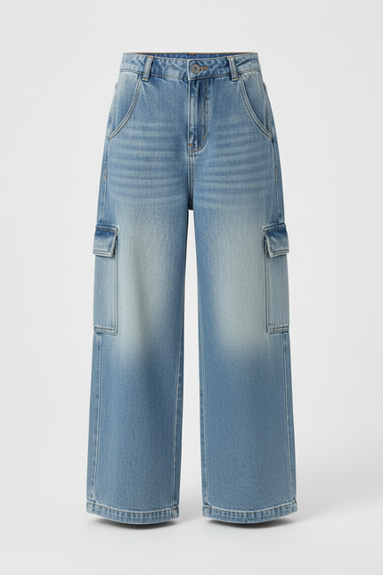 Pantalon Cargo Denim Ample Poches Latérales Enfant - Bleu Jean - vue 3