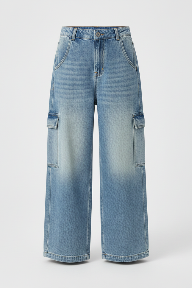 Pantalon Cargo Denim Ample Poches Latérales Enfant - Bleu Jean - vue 3