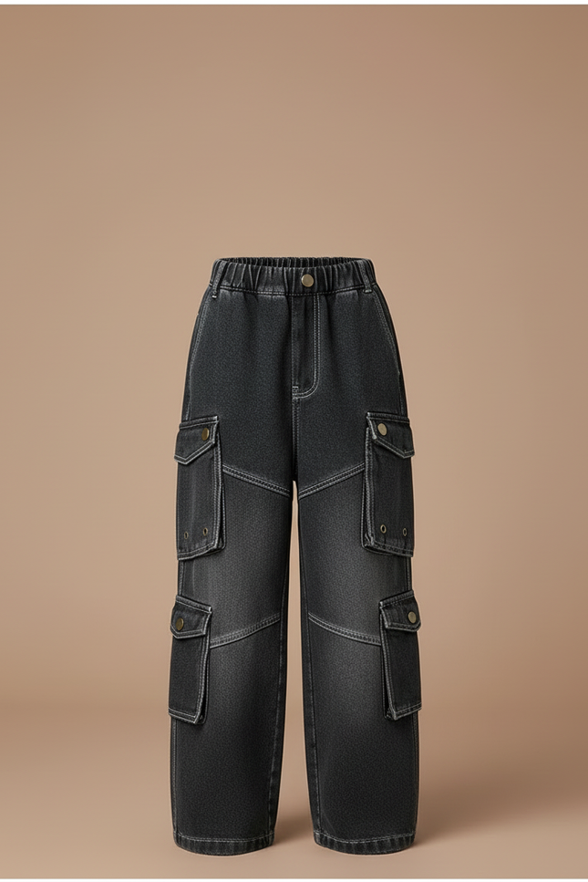 Pantalon Cargo Noir Délavé Ample Multipoches Enfant - Jean - vue 3