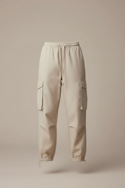 Pantalon Cargo Beige Ample Cordon Taille Élastique - Coton - vue 3