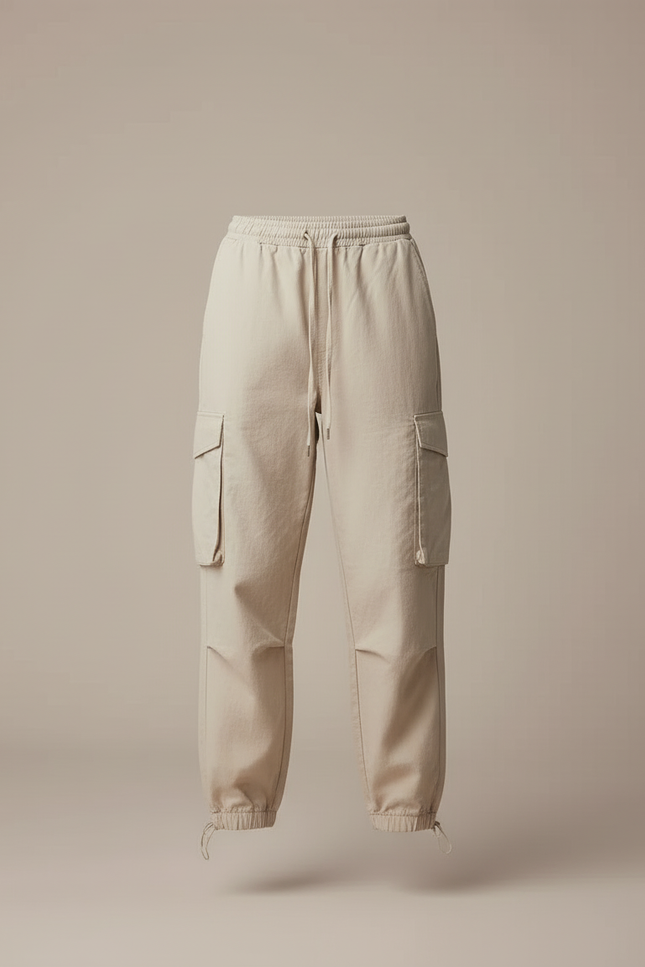 Pantalon Cargo Beige Ample Cordon Taille Élastique - Coton - vue 3
