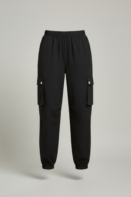 Pantalon Cargo Noir Décontracté Multipoches Élastiqué Femme - Polyester - vue 3
