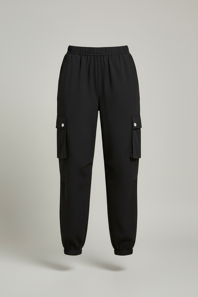 Pantalon Cargo Noir Décontracté Multipoches Élastiqué Femme - Polyester - vue 3