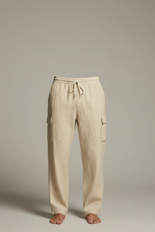 Pantalon Cargo Beige Léger Cordon Multipoches Décontracté Homme - Lin - vue 3