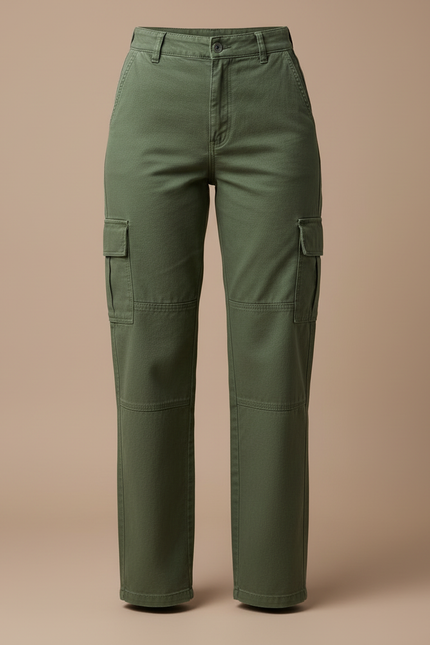 Pantalon Cargo Vert Kaki Droit Ample Multipoches Femme - Toile - vue 3