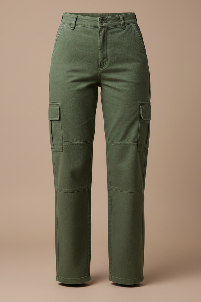 Pantalon Cargo Vert Kaki Droit Ample Multipoches Femme - Toile - vue 3