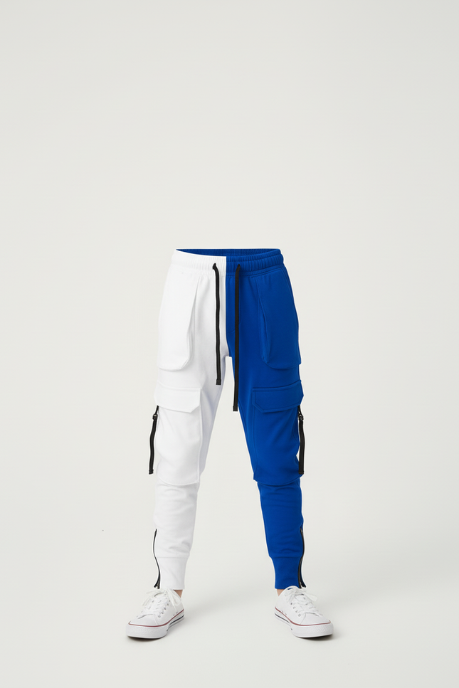 Pantalon Cargo Bicolore Blanc Bleu Multipoches Enfant - Multicolore Molleton - vue 3