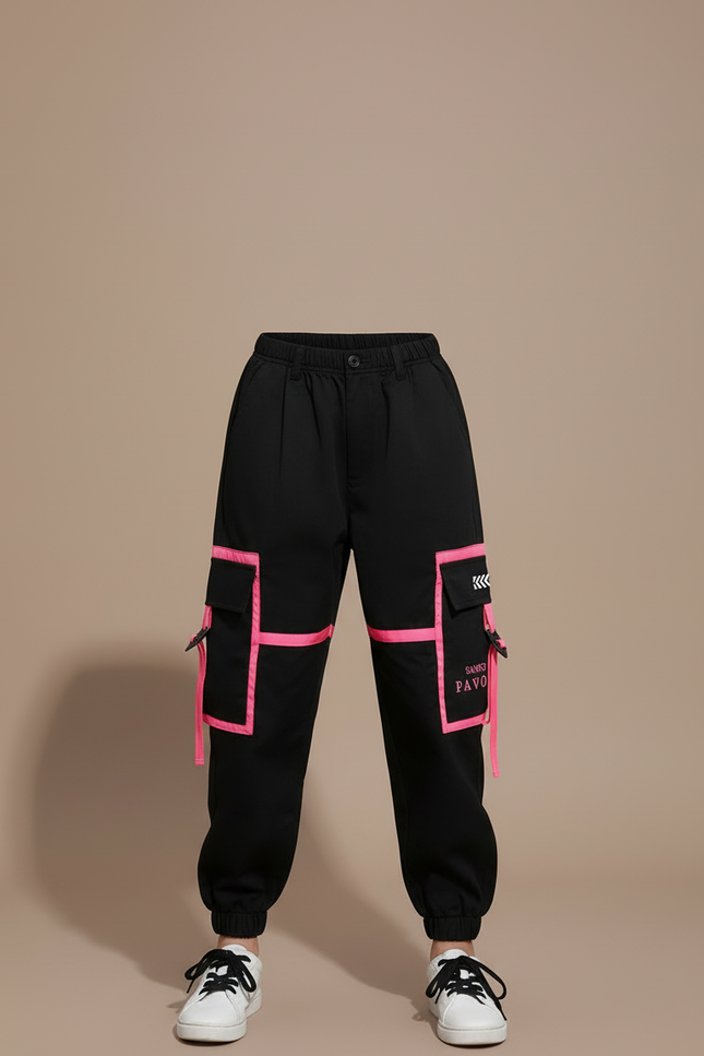 Pantalon Cargo Noir Fille Fluorescent Poches Sangles - Polyester - vue 3