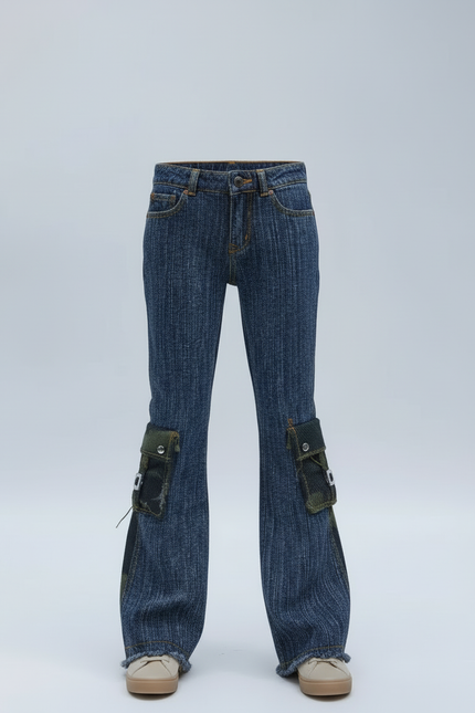 Pantalon Cargo Denim Évasé Patchs Verts Enfant - Bleu Jean - vue 3