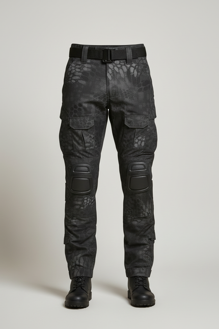 Pantalon Cargo Tactique Camouflage Noir Multipoches Genouillères - Polyester - vue 3