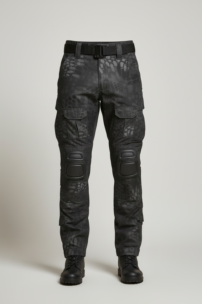 Pantalon Cargo Tactique Camouflage Noir Multipoches Genouillères - Polyester - vue 3