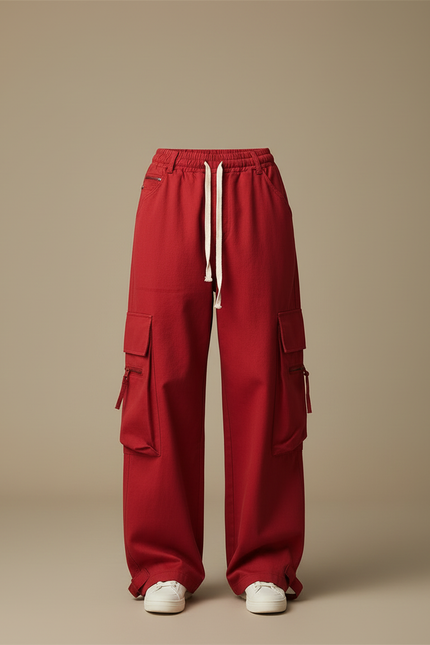 Pantalon Cargo Rouge Ample Multi-Poches Femme Hip Hop - Toile - vue 3