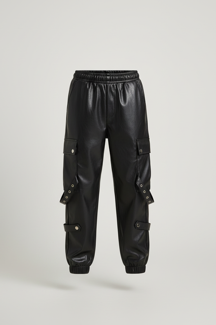 Pantalon Cargo Noir Similicuir Garçon Poches Sangles - Simili cuir - vue 3