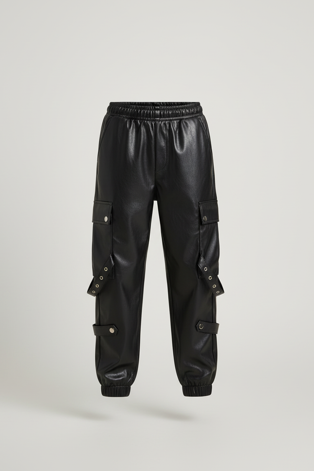 Pantalon Cargo Noir Similicuir Garçon Poches Sangles - Simili cuir - vue 3
