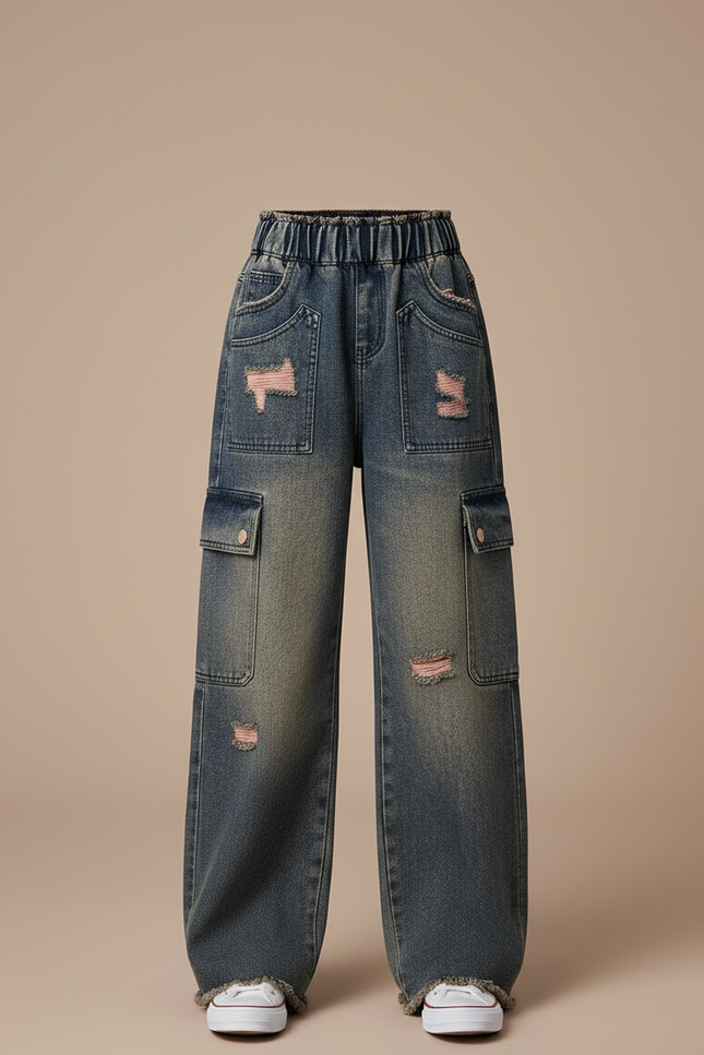 Pantalon Cargo Jeans Ample Délavé Fille Déchiré - Bleu - vue 3