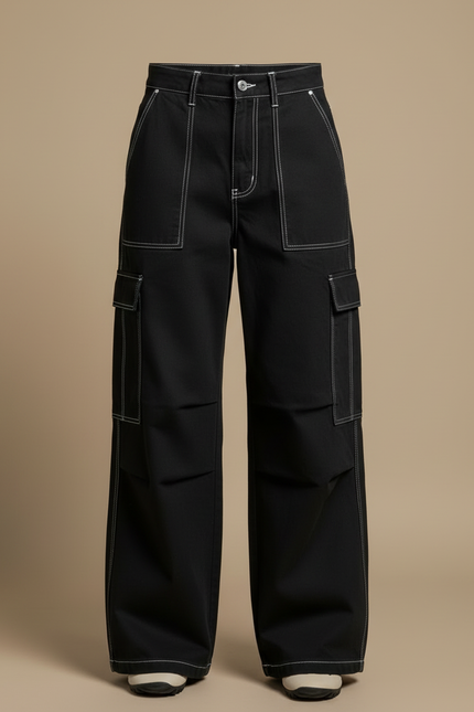 Pantalon Cargo Noir Ample Surpiqûres Blanches Femme - Toile - vue 3