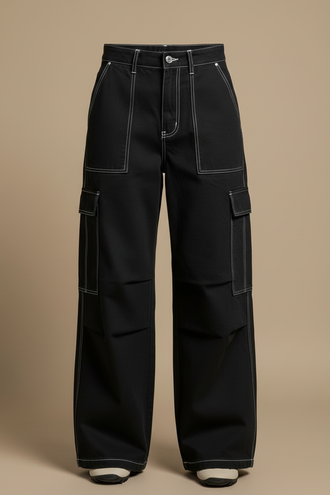 Pantalon Cargo Noir Ample Surpiqûres Blanches Femme - Toile - vue 3