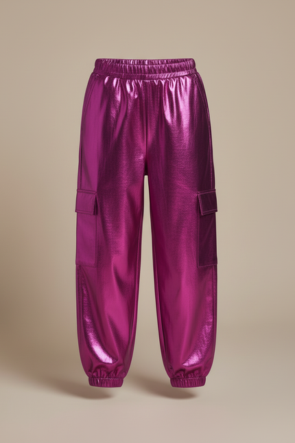 Pantalon Cargo Métallique Brillant Fuchsia Ample Enfant - Rose Polyester - vue 3