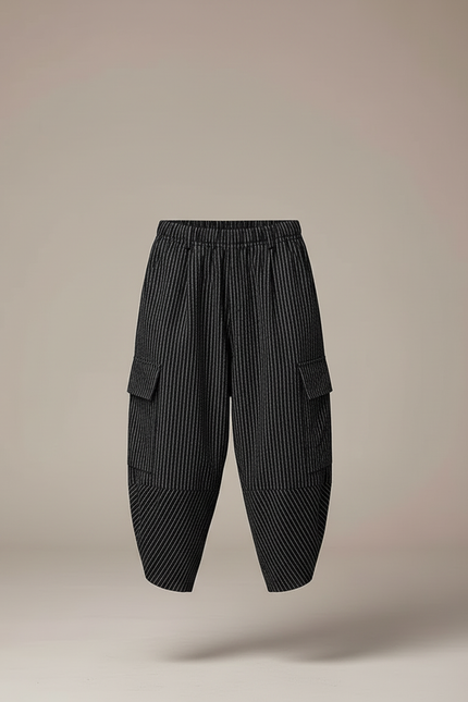 Pantalon Cargo Noir Rayé Plissé Ample Garçon - Polyester - vue 3