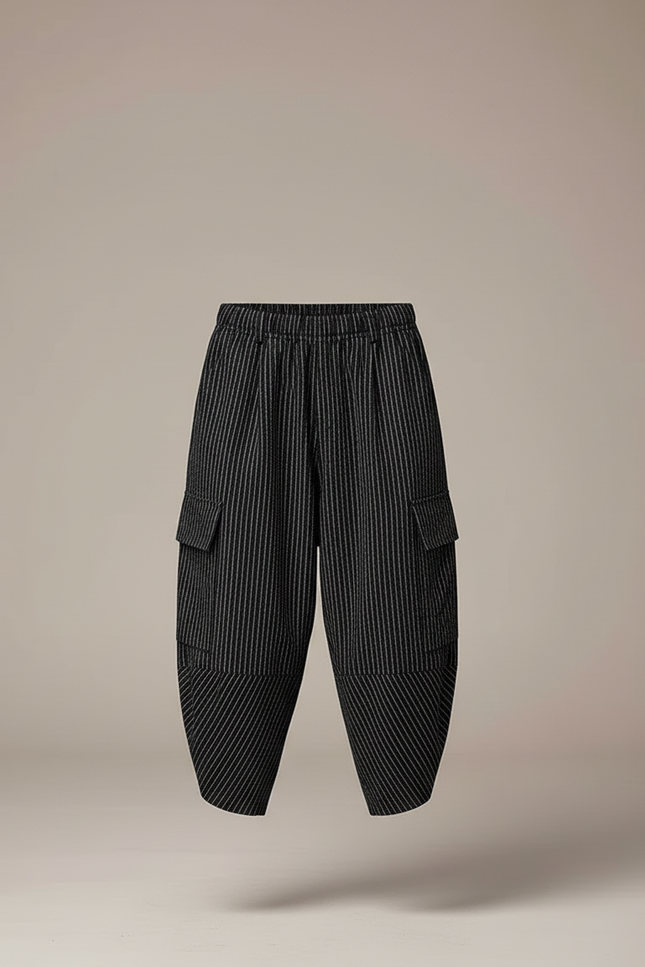 Pantalon Cargo Noir Rayé Plissé Ample Garçon - Polyester - vue 3