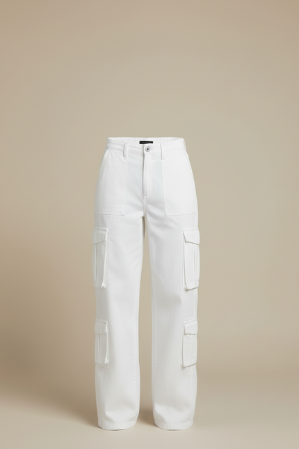 Pantalon Cargo Blanc Ample Poches Latérales Taille Haute - Gabardine - vue 3