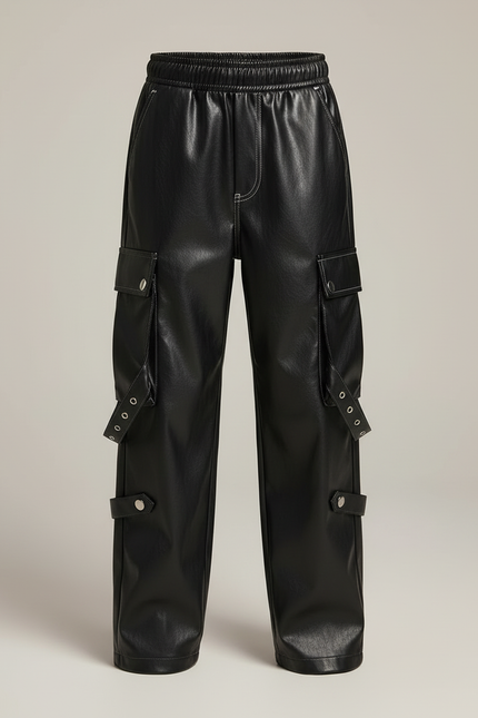 Pantalon Cargo Noir Similicuir Ample Rivets - Simili cuir - vue 3