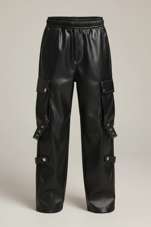 Pantalon Cargo Noir Similicuir Ample Rivets - Simili cuir - vue 3