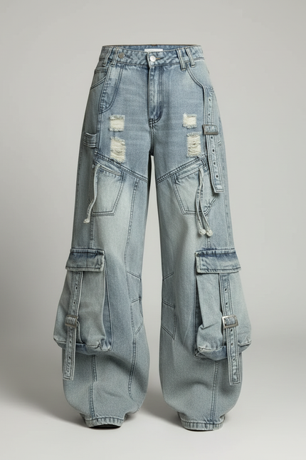 Pantalon Cargo Denim Ample Streetwear Multipoches Femme - Bleu Jean - vue 3