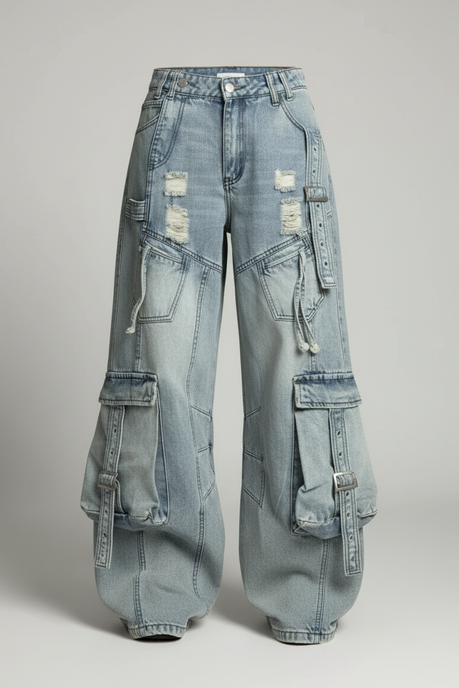 Pantalon Cargo Denim Ample Streetwear Multipoches Femme - Bleu Jean - vue 3