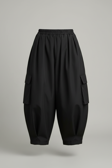 Pantalon Cargo Noir Fluide Ample Taille Haute Femme - Polyester - vue 3