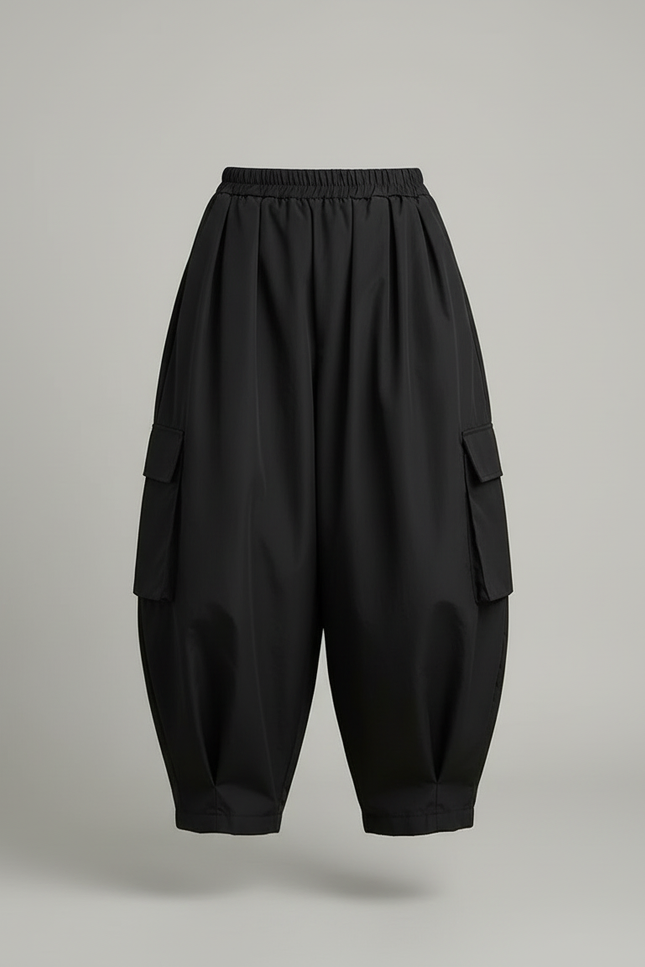 Pantalon Cargo Noir Fluide Ample Taille Haute Femme - Polyester - vue 3