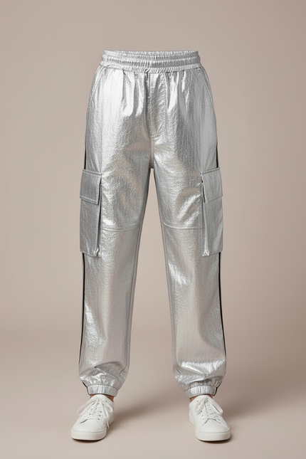Pantalon Cargo Argenté Brillant Enfant Streetwear Hip Hop - Simili cuir - vue 3
