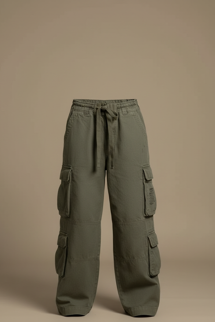 Pantalon Cargo Vert Olive Ample Décontracté Femme - Kaki Toile - vue 3