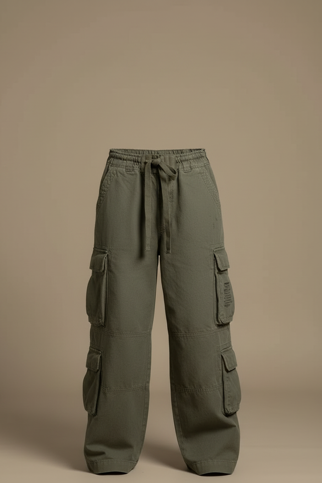 Pantalon Cargo Vert Olive Ample Décontracté Femme - Kaki Toile - vue 3