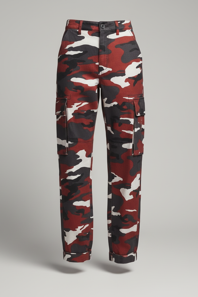 Pantalon Cargo Camouflage Rouge Multipoches Décontracté Femme - Toile - vue 3